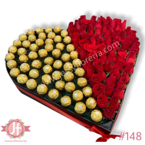 Corazón 60 rosas rojas y 50 ferreros