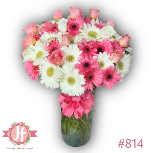 814-Florero 50 gerberas y 12 rosas