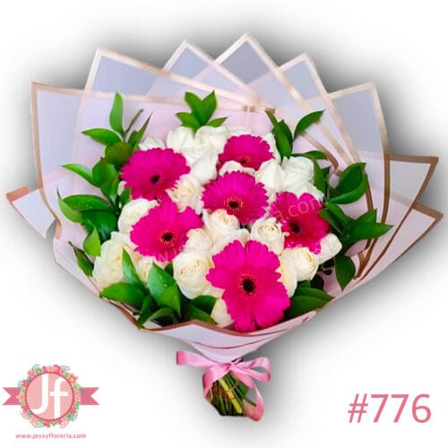 776-bouquet-24-rosas-blancas-y-6-gerberas-fucsia